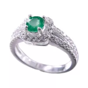 Anillo en plata con Esmeralda Redonda y Circones en Forma Cuadrada